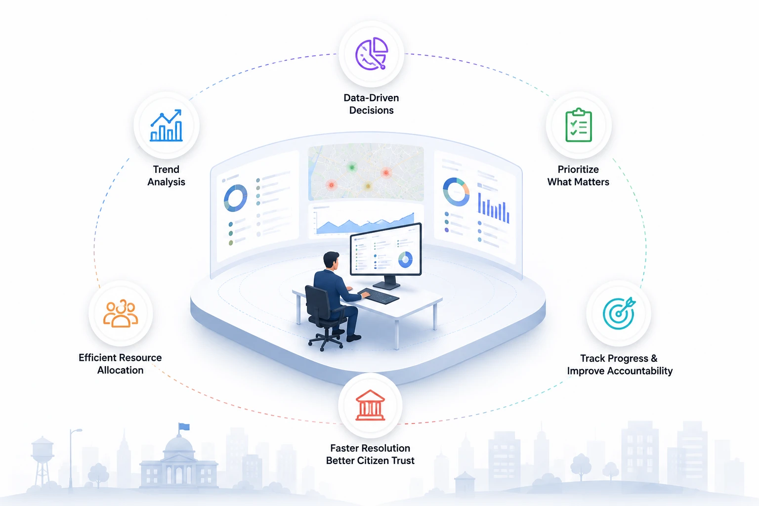 PrajaPulse analytics dashboard showing issue trends, department performance, and citizen engagement data